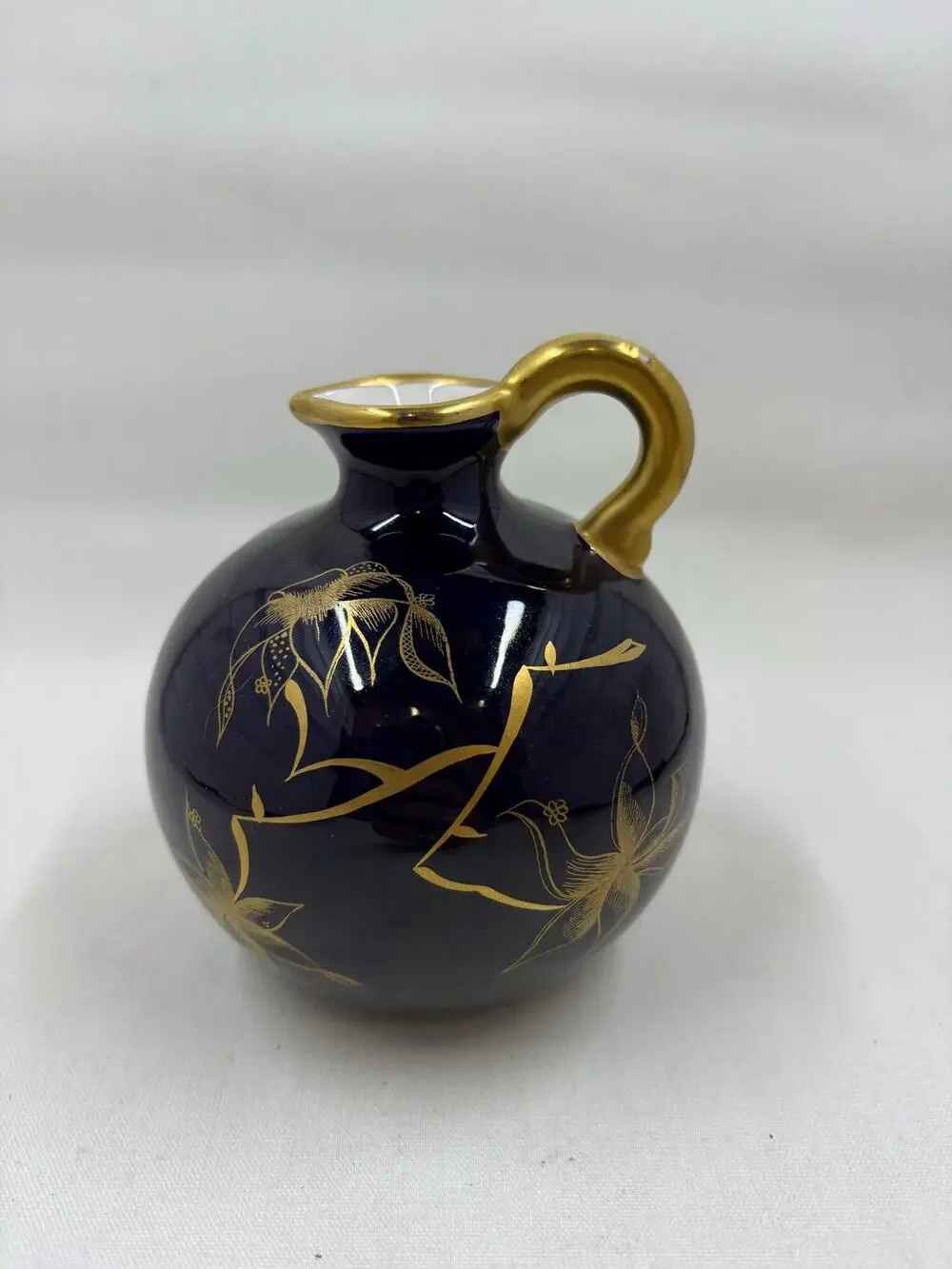 Navy and Gold Floral Glass Pitcher Vase - Decorative Home Art